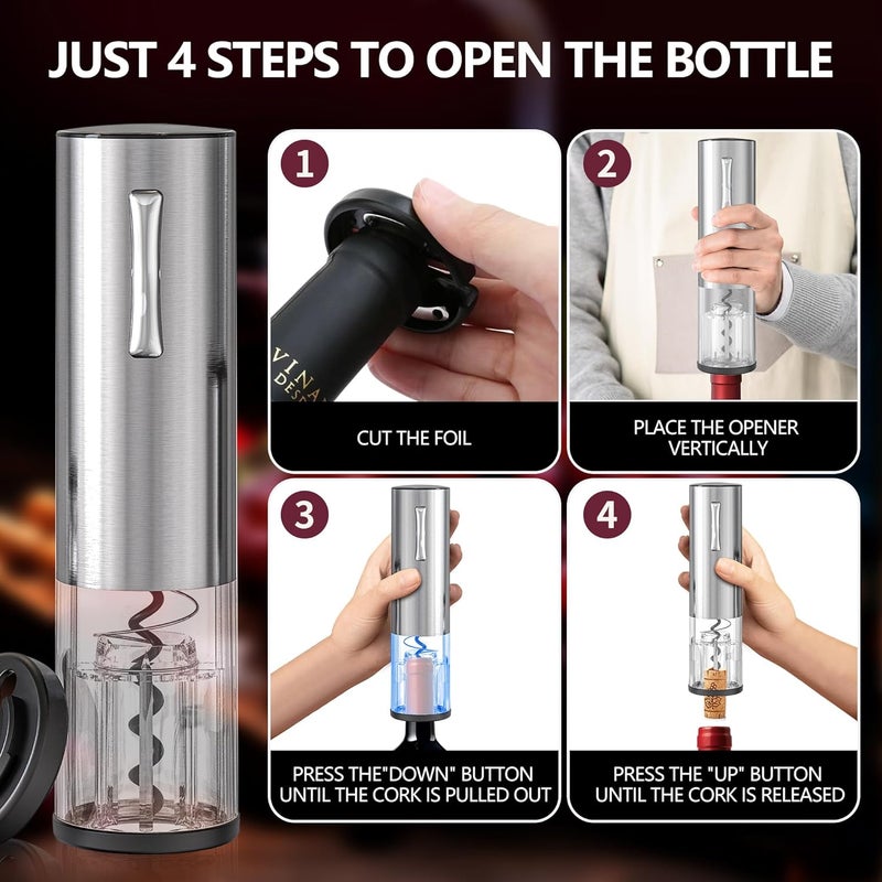BGM.FOX Electric Wine Opener, Rechargeable Automatic Wine Bottle Opener with Foil Cutter, Wine Stopper, LED Light, Type-C Charging Wine Corkscrew for Home Party Wedding, Stainless Steel - Image 2